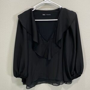 Zara black v neck blouse‎ ruffle around neckline
